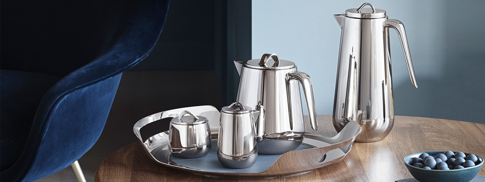 Mirror polished stainless steel coffee and tea pitchers and milk jug from the Helix collection