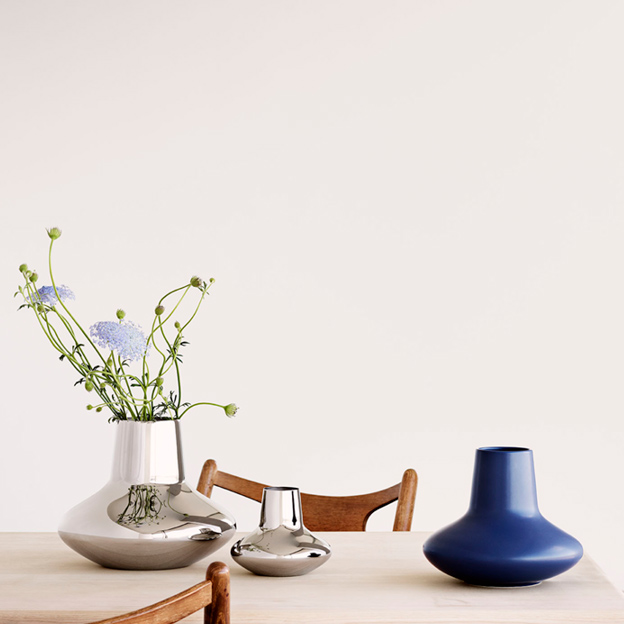 Georg Jensen Scandinavian design Koppel collection blue stoneware mirror polished stainless steel vase small medium large