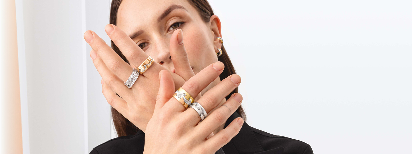 Rings and earrings in yellow, white, rose gold and diamonds from the Fusion collection by Georg Jensen