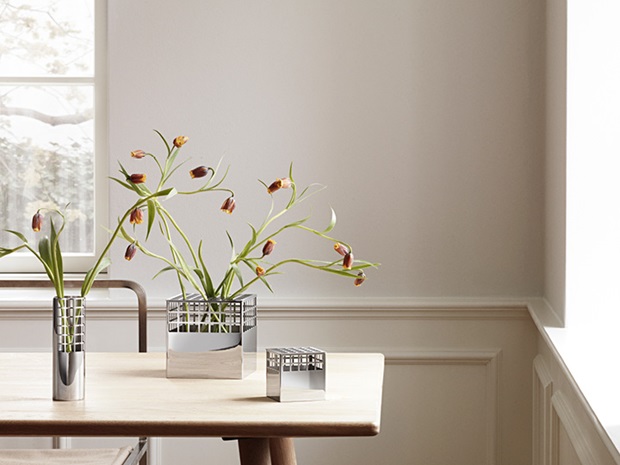 Matrix Tube Vase medium, Cube Vases medium and small in mirror polished stainless steel 