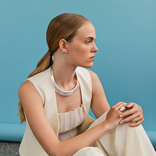 Fine sterling silver ring, neckband and earring combination from the Mercy and Curve collection designed by Jacqueline Rabun and Regitze Overgaard