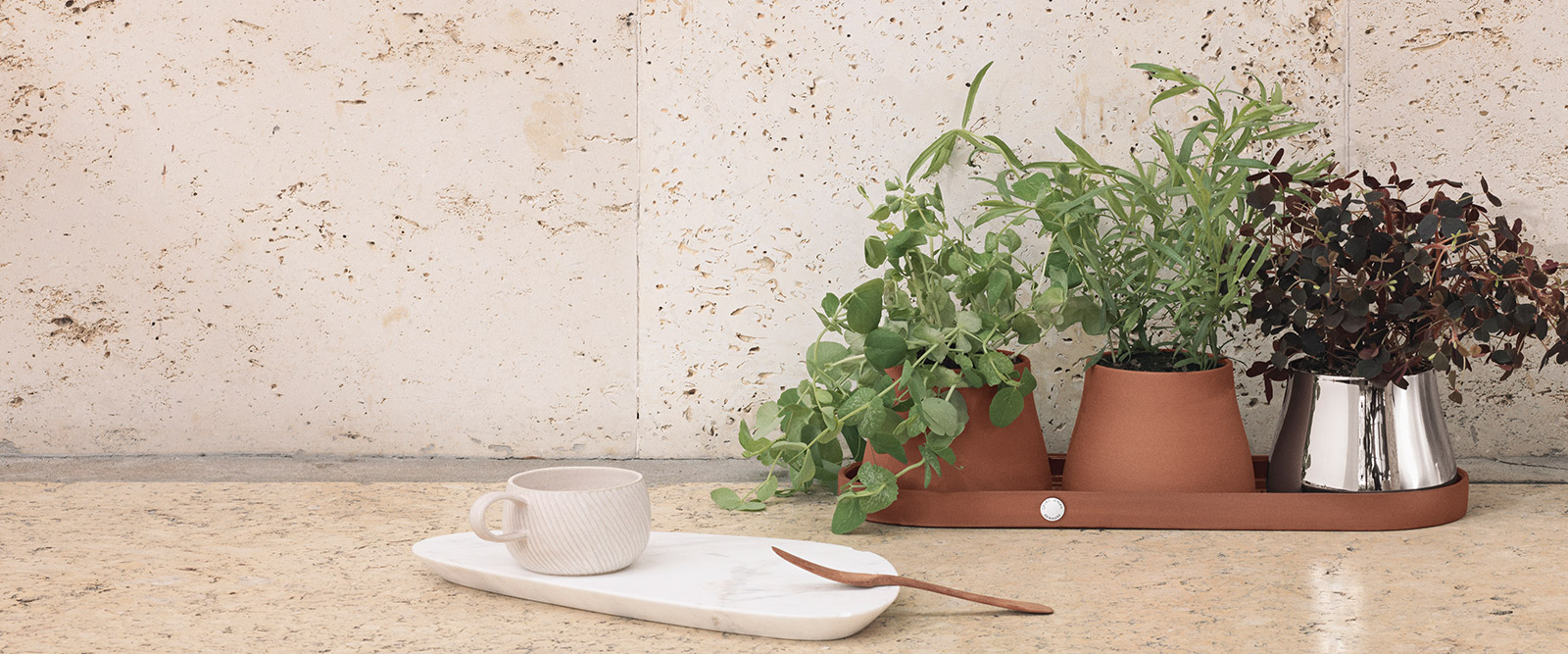 Terra Collection tray & set of three pots in terracotta, mirror polished stainless steel for indoor and outdoor gardening