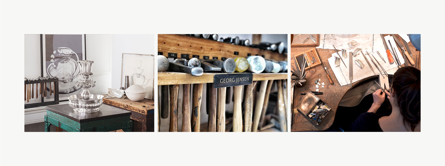 Grid image showing the Jardiniere 1505 in Sterling Silver, tools for craftsmanship and production of the Jardiniere