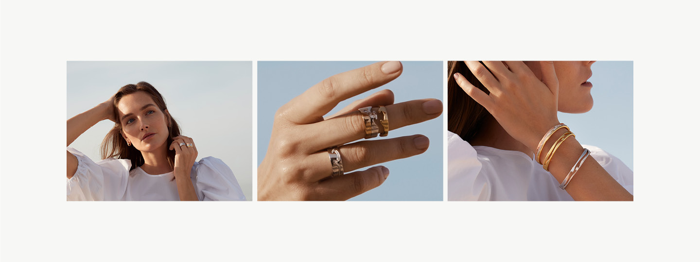Grid image of Fusion on model rings and bangles in 18kt. gold and Sterling Silver with diamonds designed by Nina Koppel