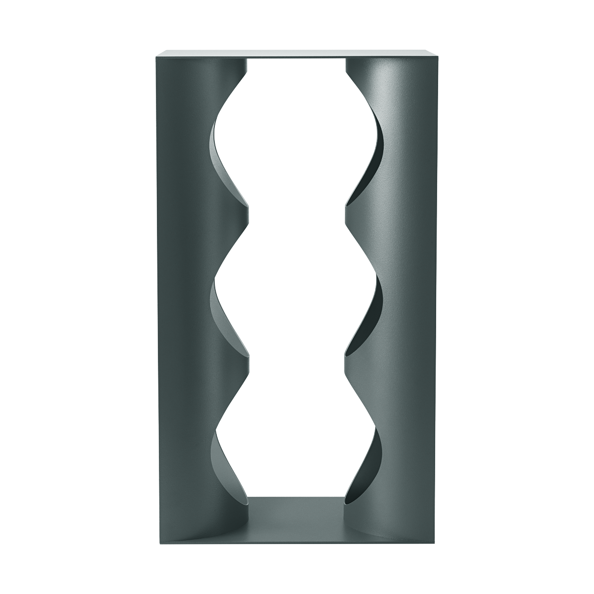 Teal metal wine bottle holder with two horizontal slots for wine bottles, open back and vertical supports.