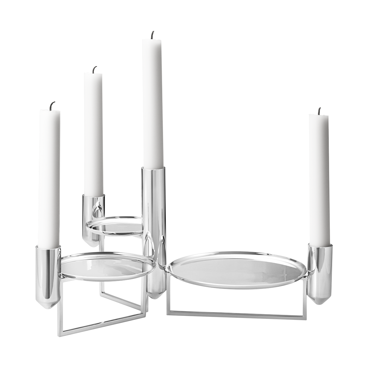 A modern chrome candle holder with five white taper candles arranged in varying heights.